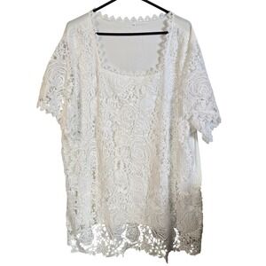 White Floral Rose Lace Overlay Short Sleeve Top‎ Plus Size 5XL Scalloped Trim